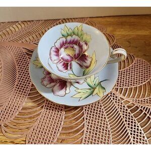 Hand Painted Gold Tea Cup & Saucer Set Vintage Bone China Blue Pink Porcelain